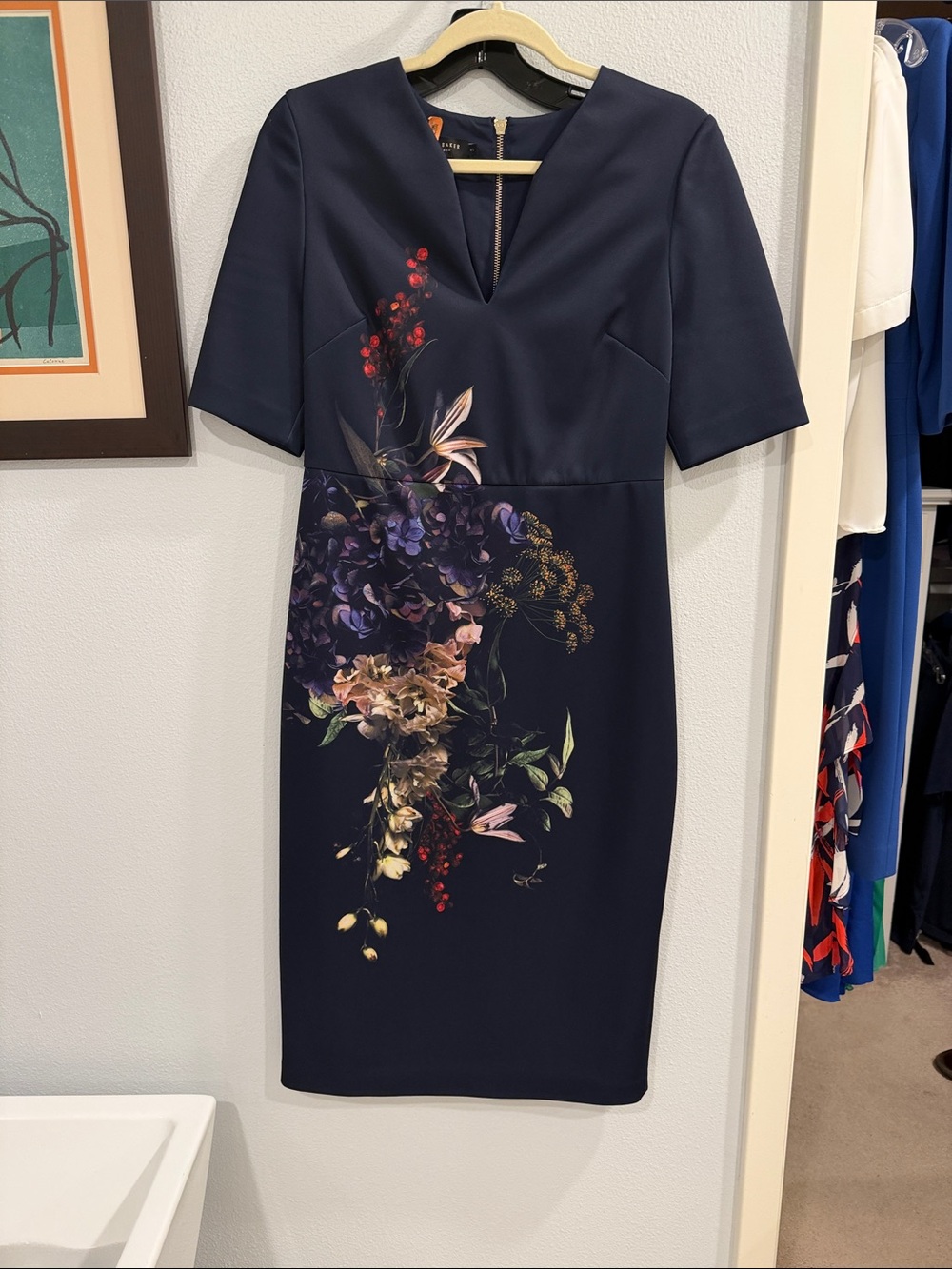 Ted Baker London Navy Floral V‑Notch Midi Dress